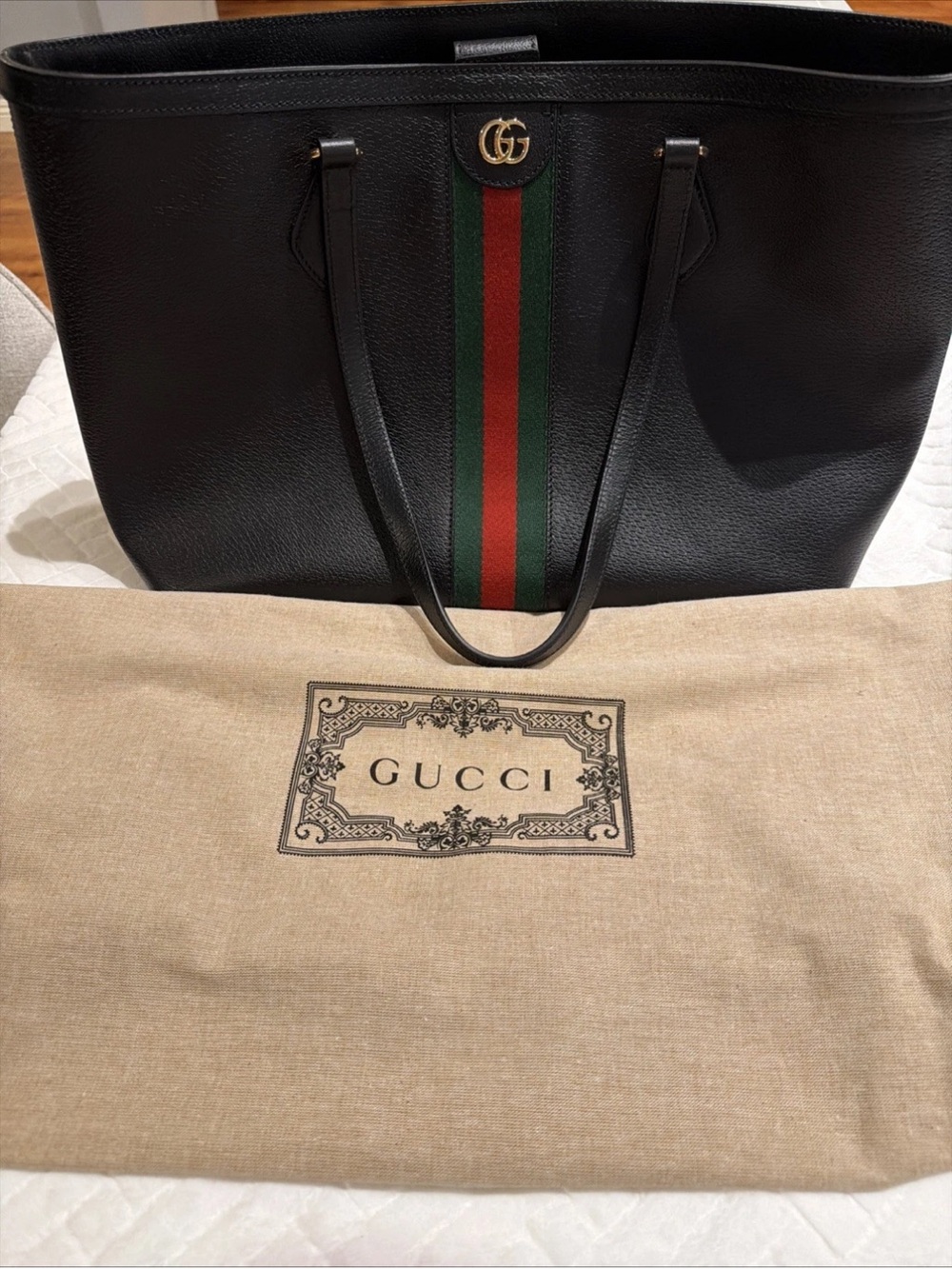 Gucci Black Leather Tote with Green & Red Web Stripe and Gold GG